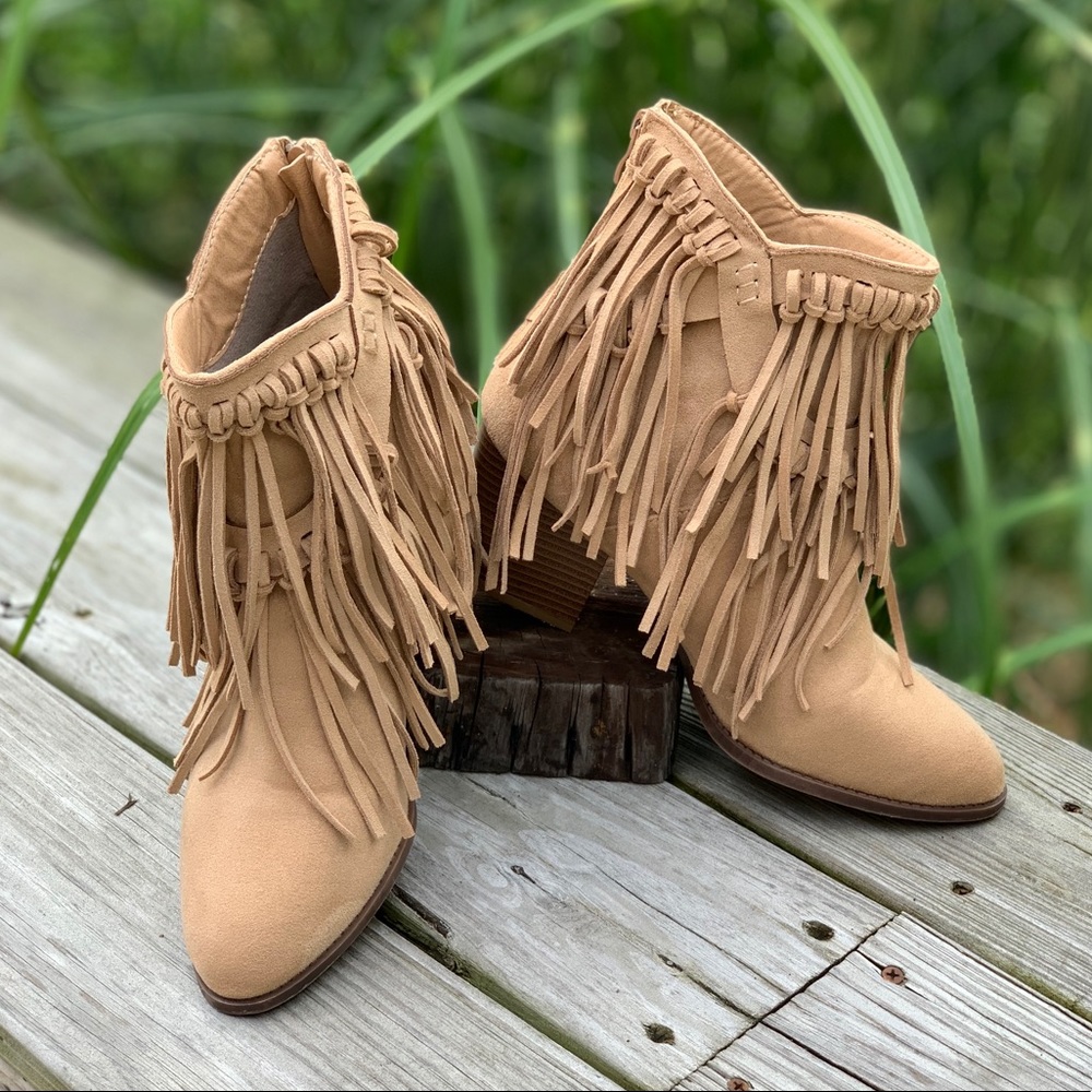 Tan/Sand Fringe Booties, Size 10
